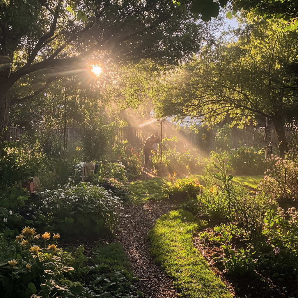 Tranquil Sunday Morning Garden with Gardener, iPhone 15 Pro 