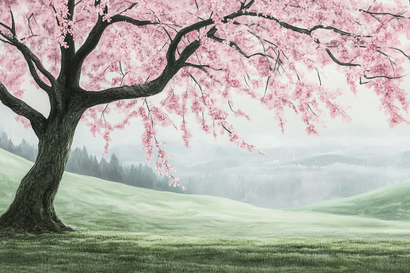 Tranquil cherry blossom tree in lush green field. Serene.