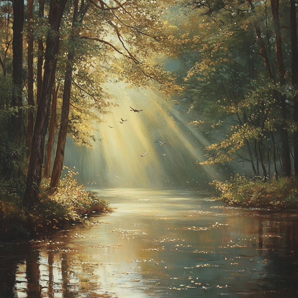 Tranquil forest with flowing river and gentle breeze