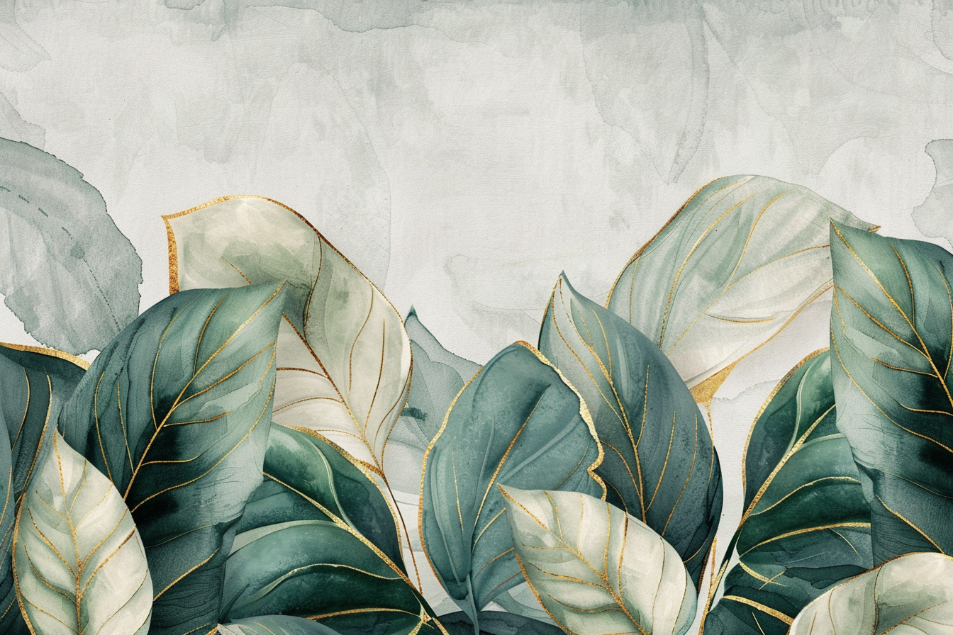 Tranquil green leaf mural with gold accents