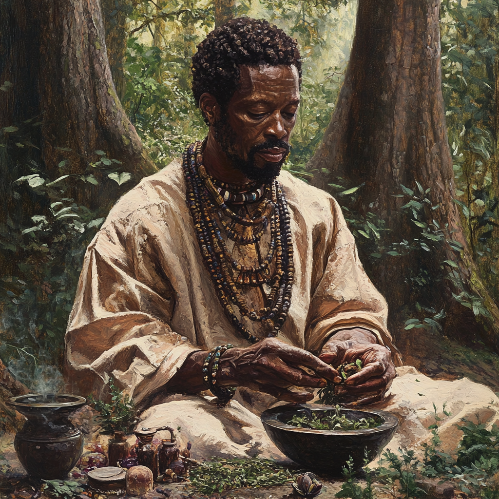 Tranquil image of Sundiata, African healer, surrounded by nature.