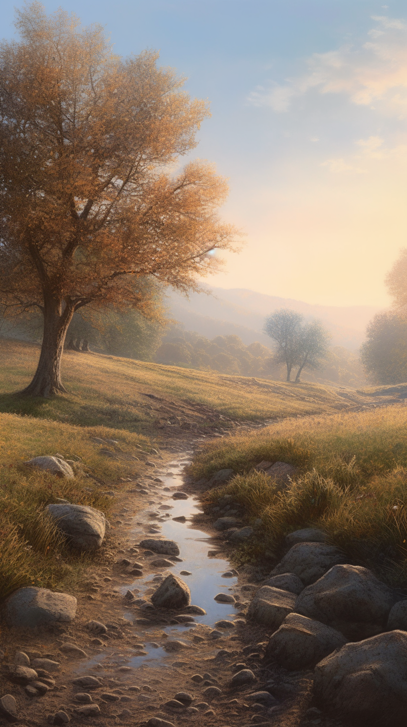 Tranquil landscape with hills, path, trees, stream.