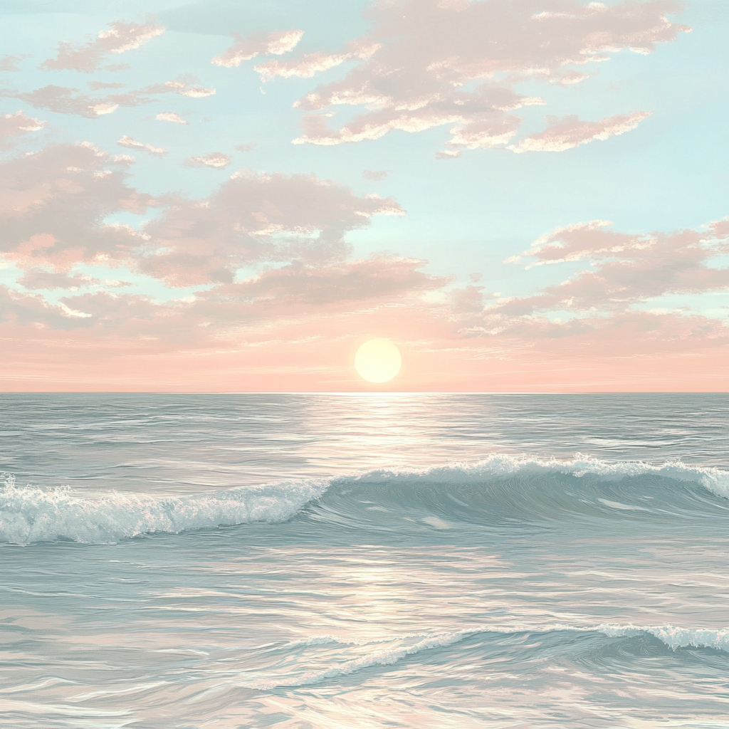 Tranquil ocean with gentle waves in soft pastel colors.