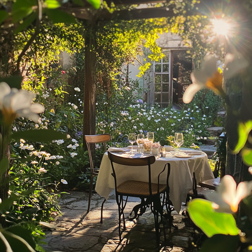 Tranquil outdoor lunch with flowers and greenery 