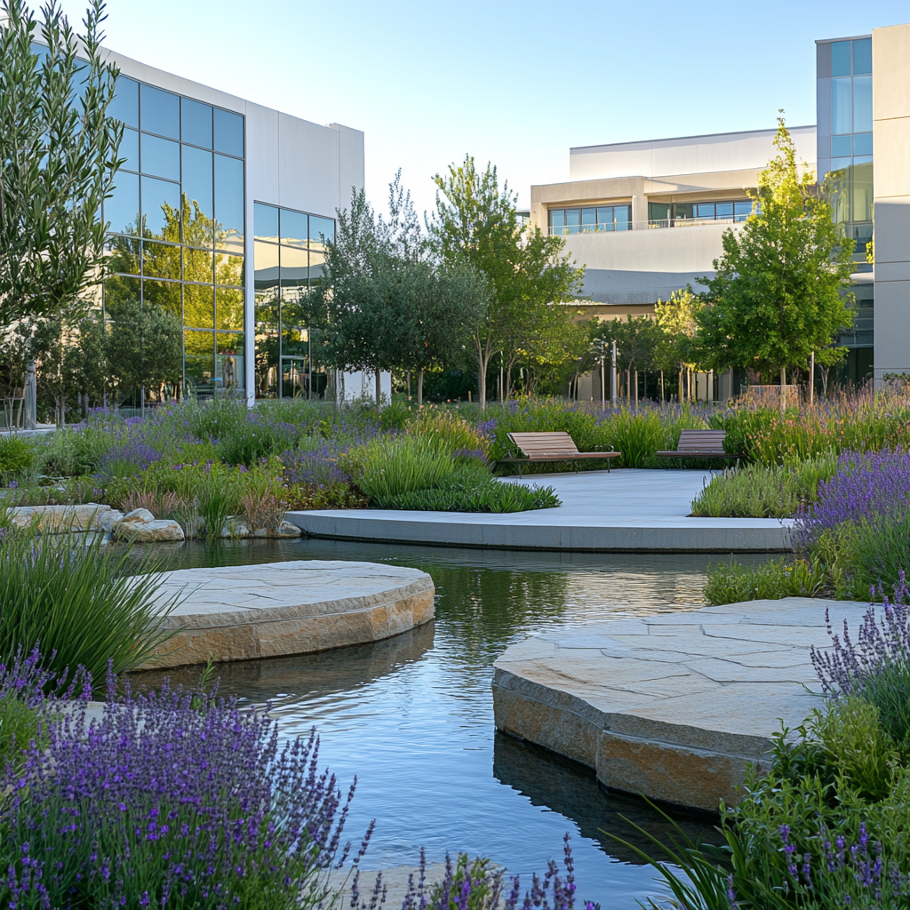 Tranquil university garden with aromatic plants and reflecting pool