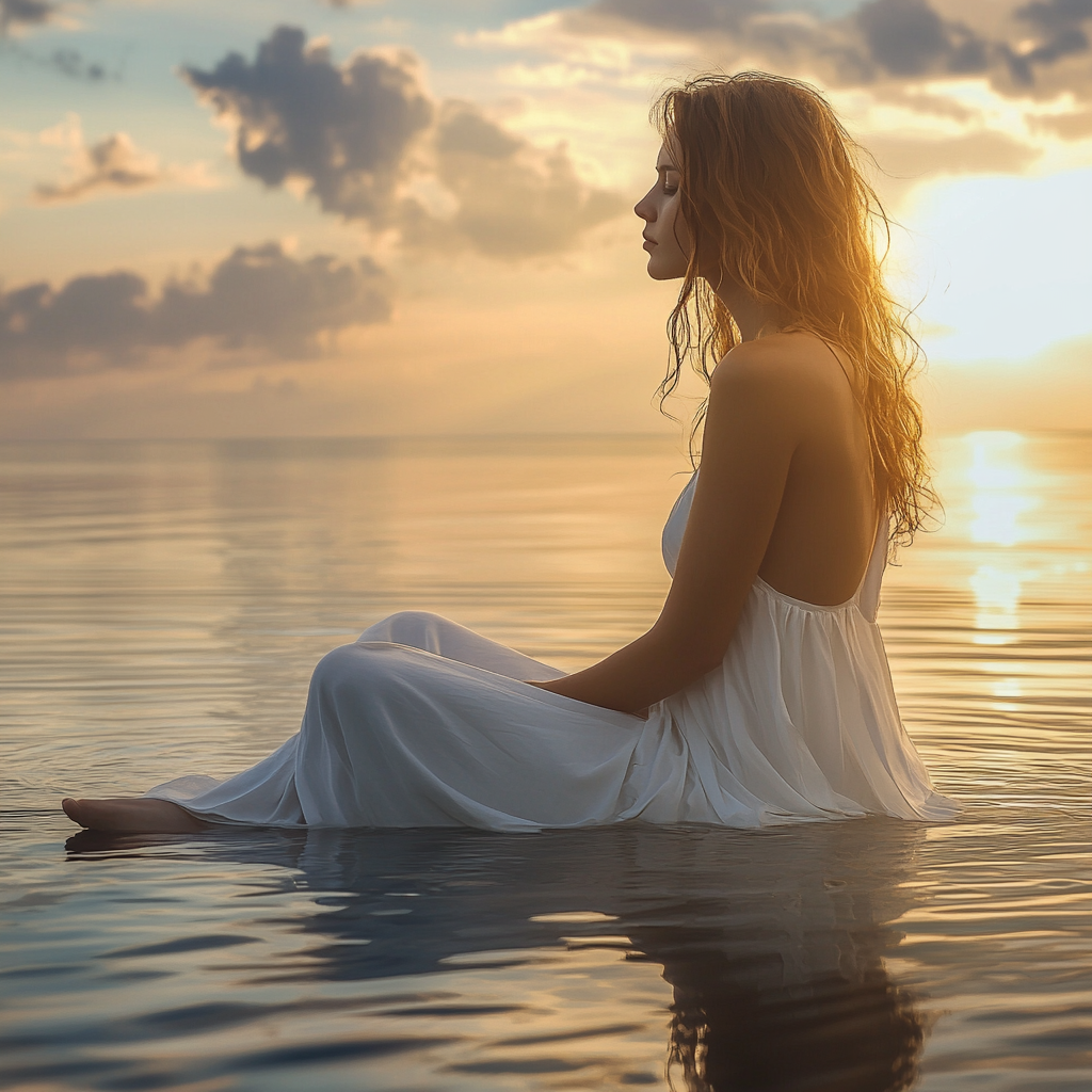 Tranquil woman on water, lost in dreamy sunset