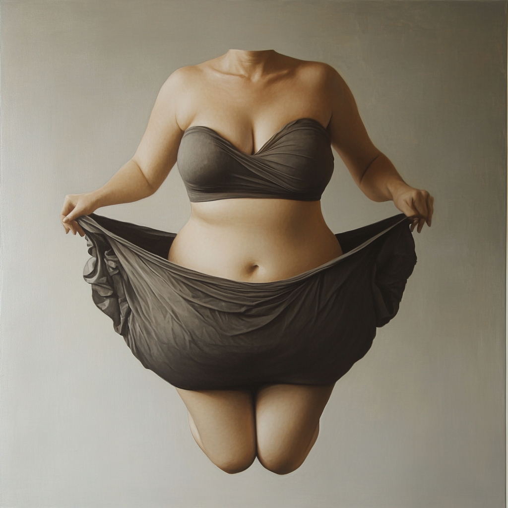 Transformation, self-acceptance symbolized as slim woman emerging from body.