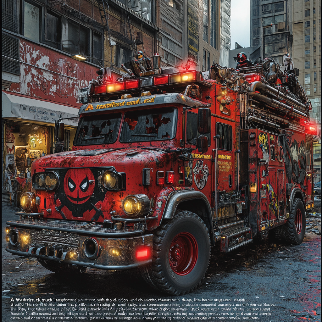 Transformed fire truck with Deadpool design, chaotic and playful.