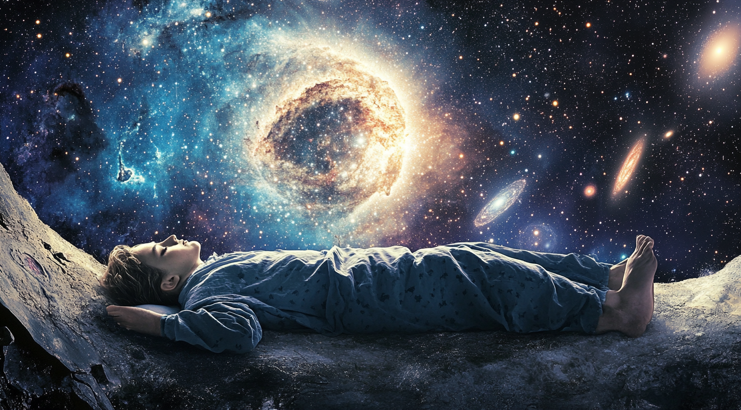 Translucent soul sleeping peacefully among magnificent galaxies.