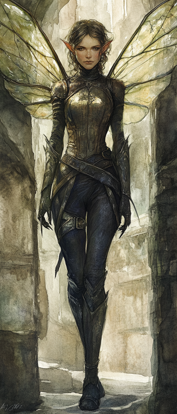 Translucent wings, leather armor, eerie dark fantasy tinker.