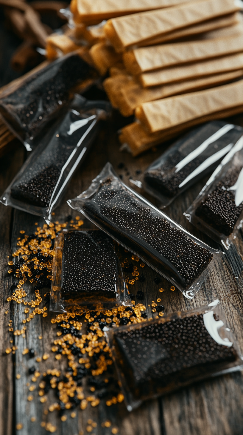 Transparent Sachets of Black Liquid Substance on Lab Table