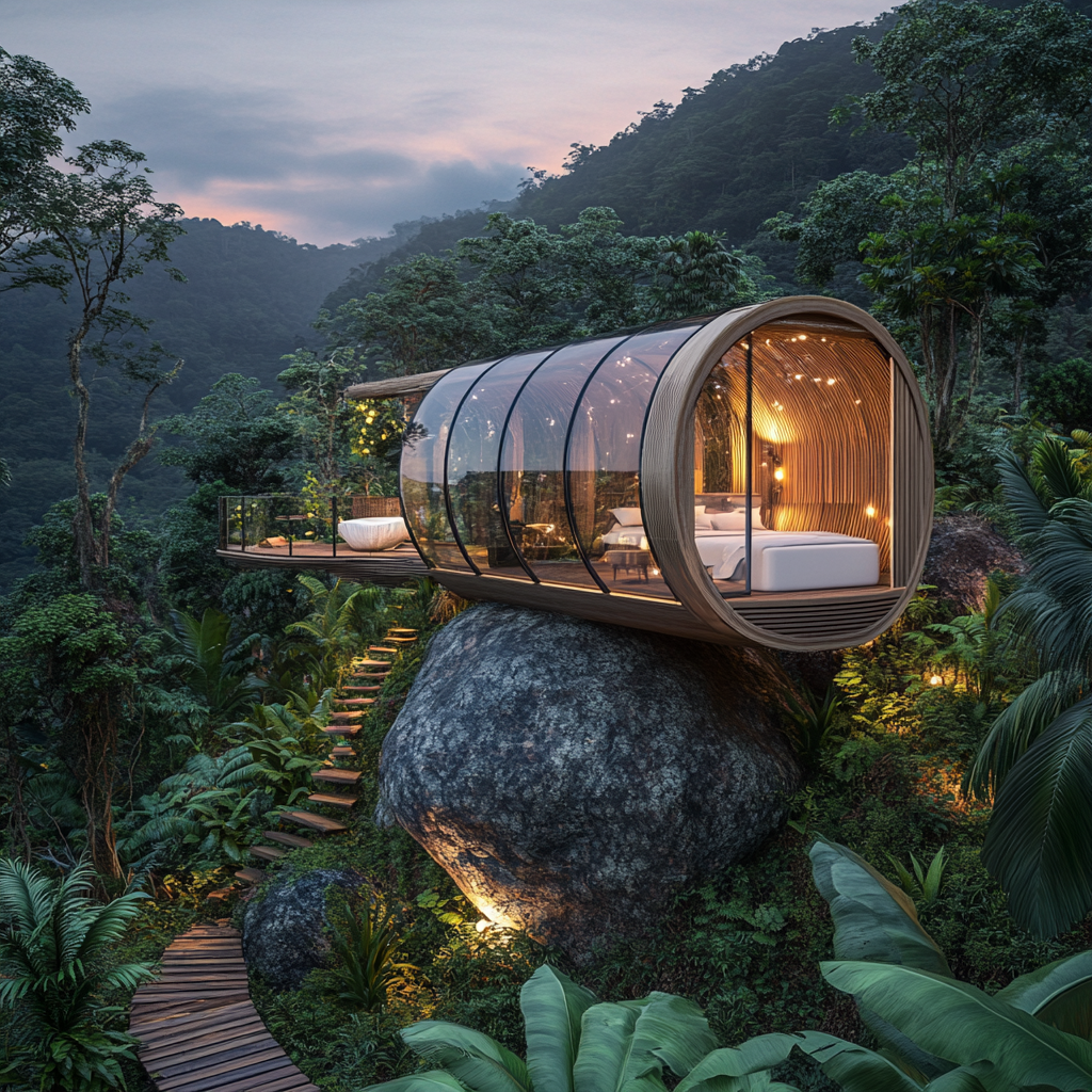 Transparent capsule house in Brazilian jungle with DIY elegance.