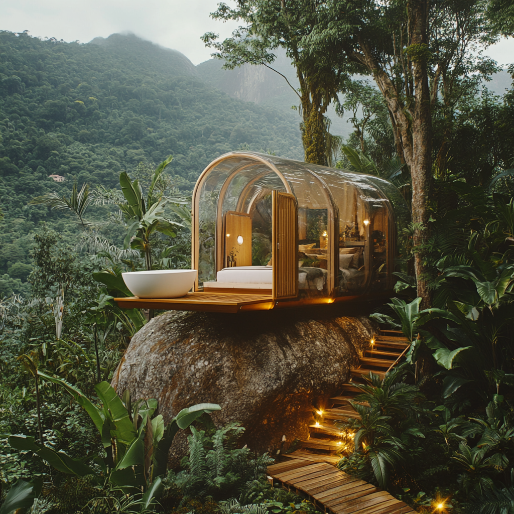 Transparent capsule house on rock in jungle, 5-star setup.