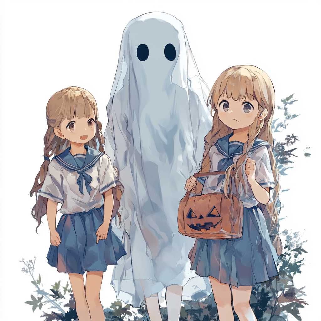 Transparent ghost girl in Halloween costume with three friends.