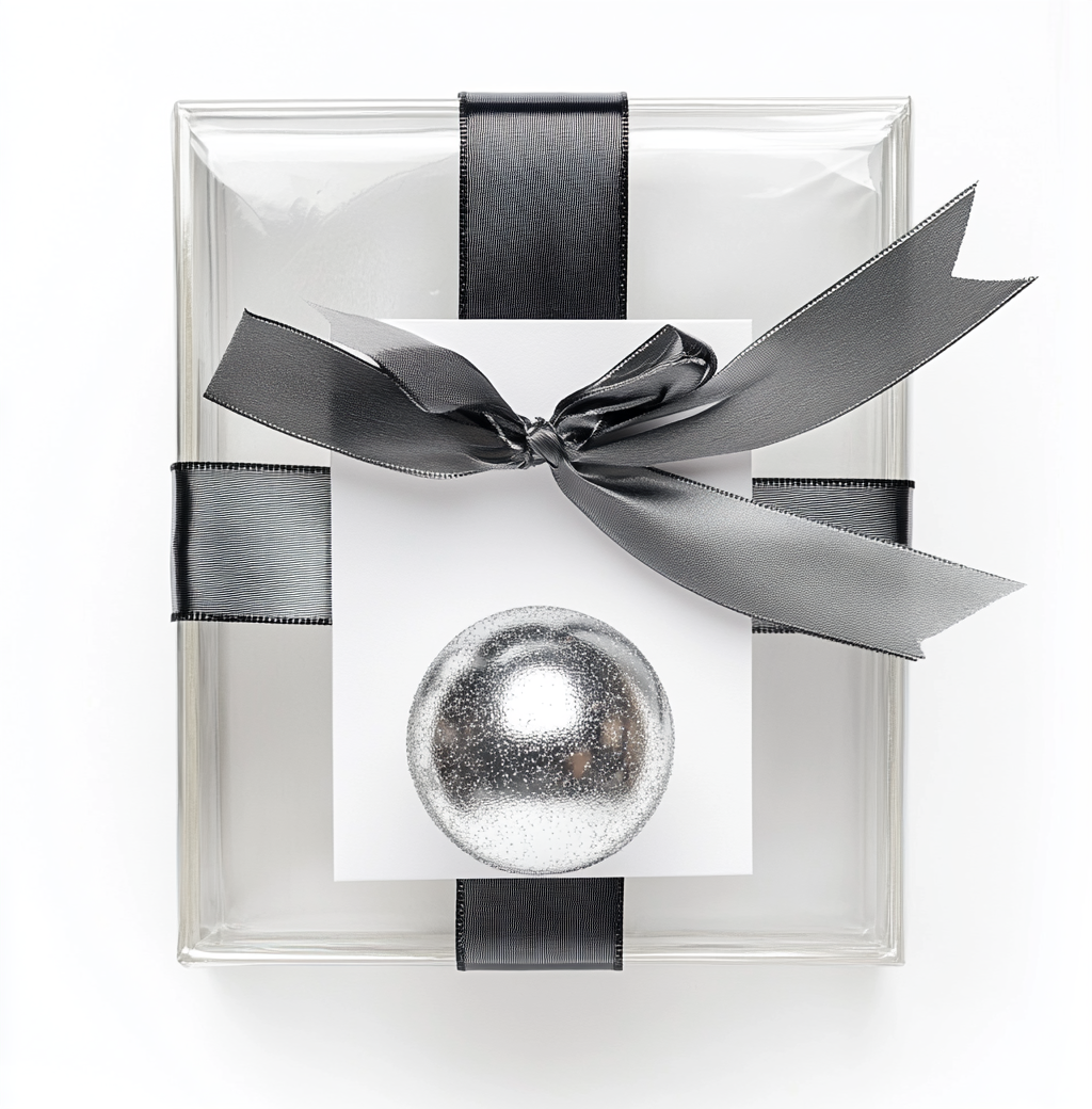 Transparent gift box, silver ribbon, black ribbon, silver sphere.