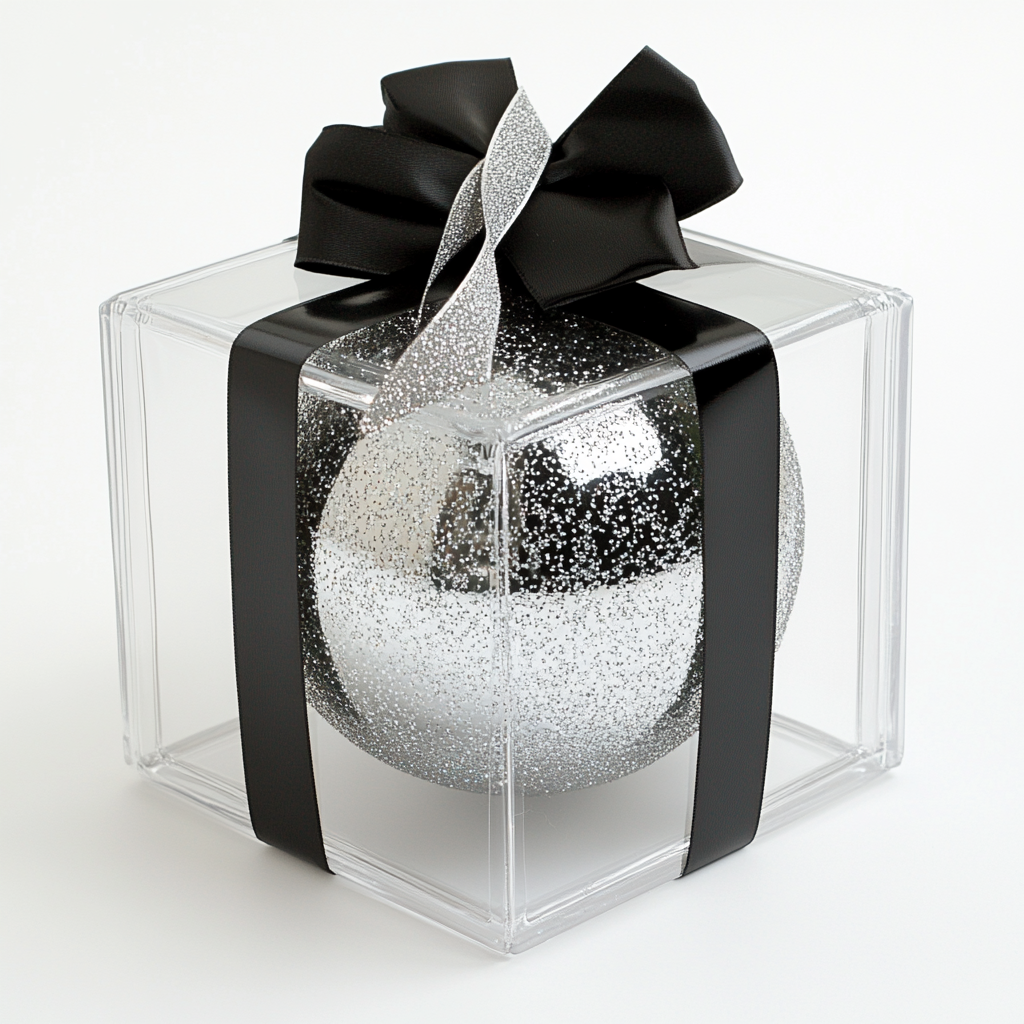 Transparent gift box with ribbon, glass Christmas sphere inside.