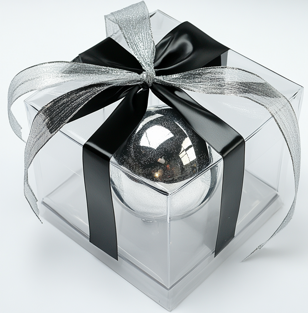 Transparent gift box with silver and black ribbon, christmas sphere.