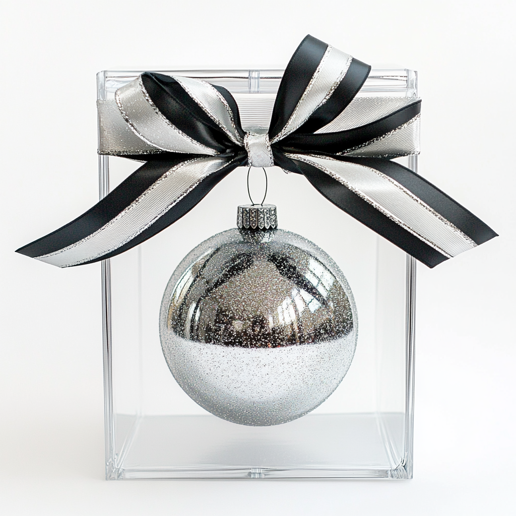 Transparent gift box with silver ribbon and black sphere.