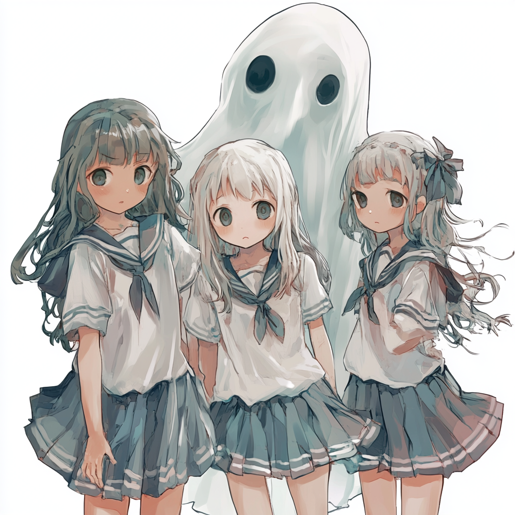 Transparent girl ghost with Halloween costumes, behind girls.