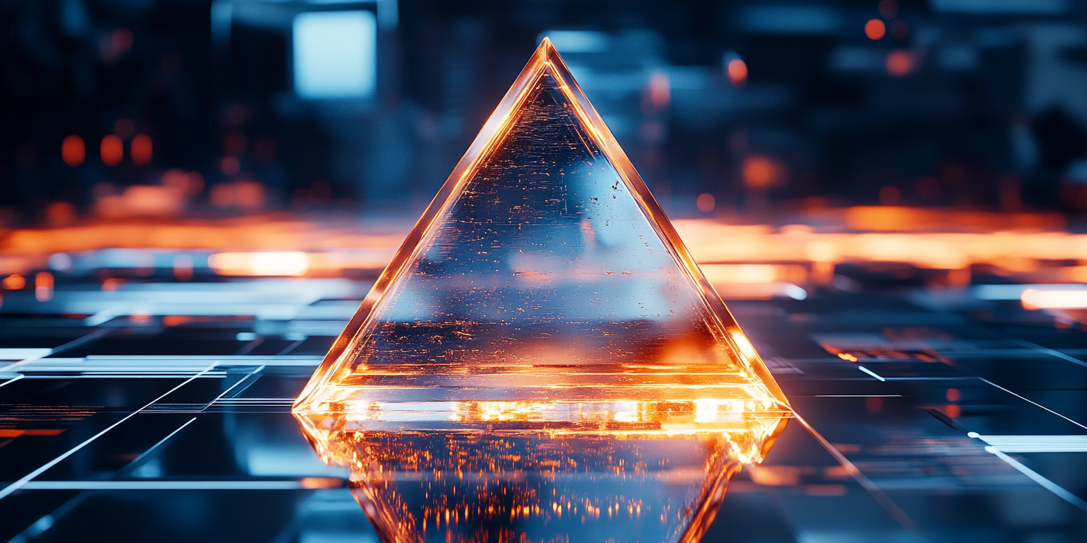 Transparent glass triangle with metallic corners, stunning blue landscape.