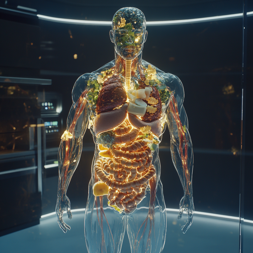 Transparent human shows digestive system made of food.