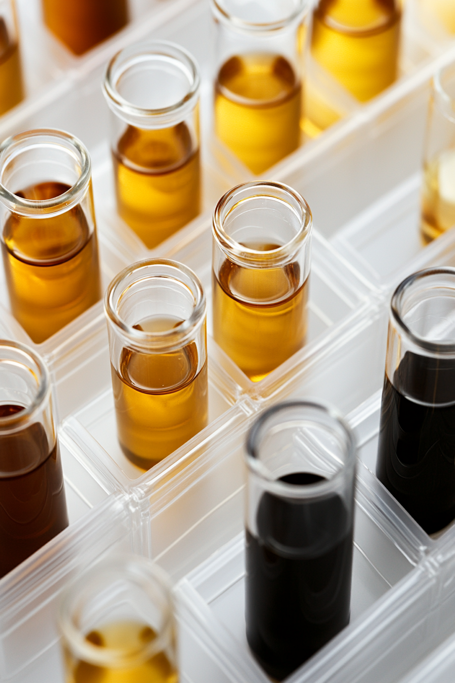 Transparent vials with dark liquid, one orange vial.