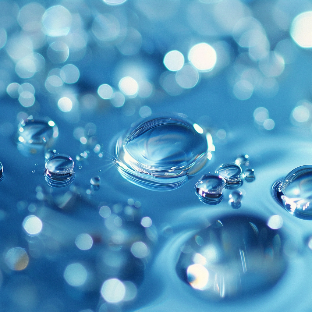 Transparent water droplets on medium blue backdrop.