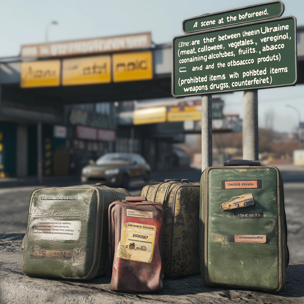 Travel scene with car, maps, border signs, checkpoints.