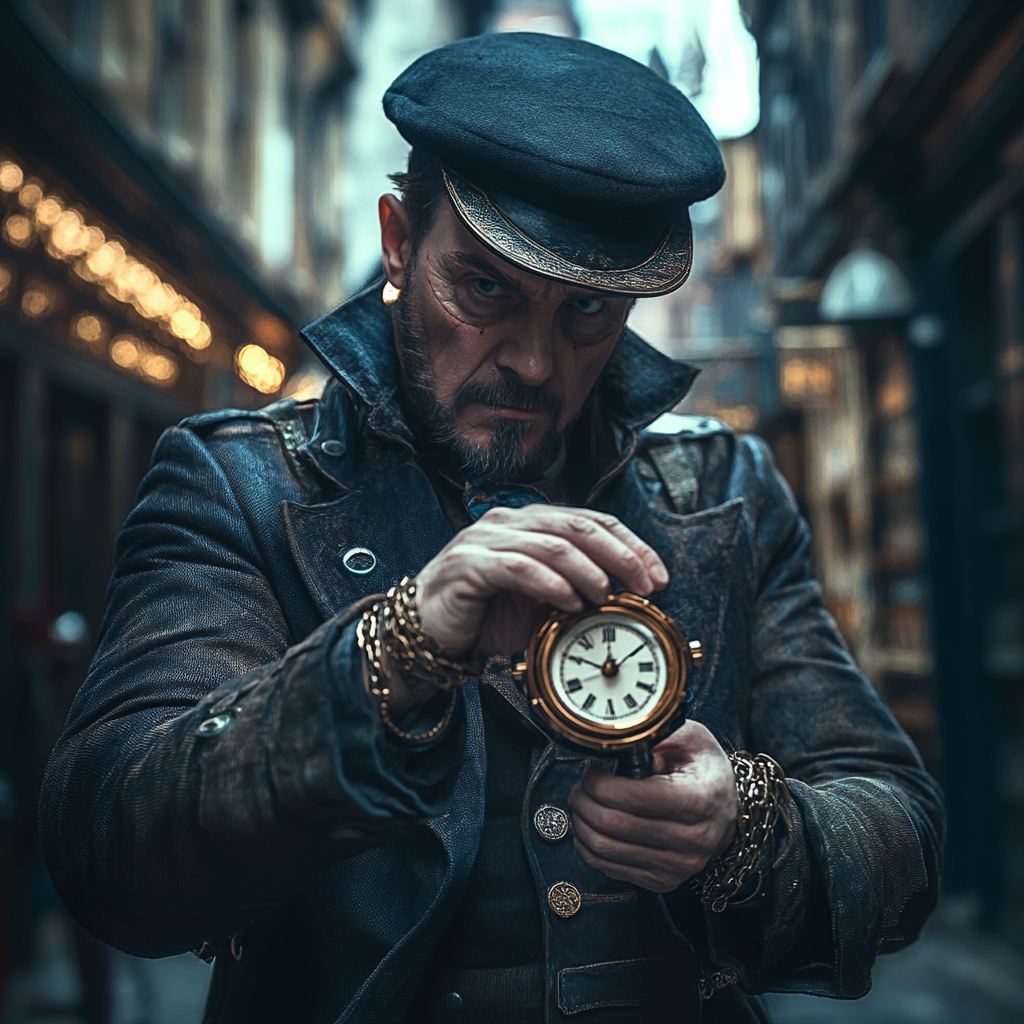 Traveler in Victorian London, adjusting wrist device, detailed background.