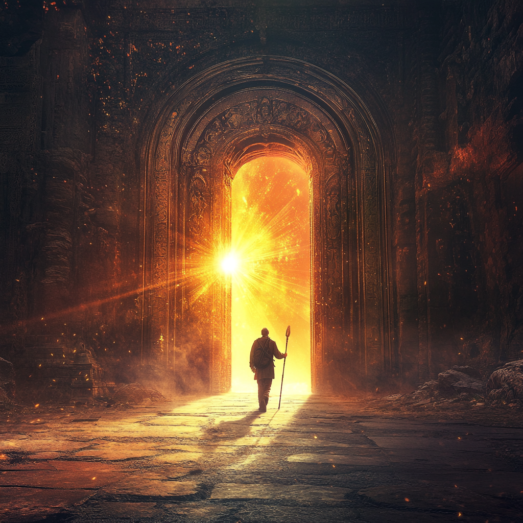 Traveler with staff walks to ancient open door, sunlight.