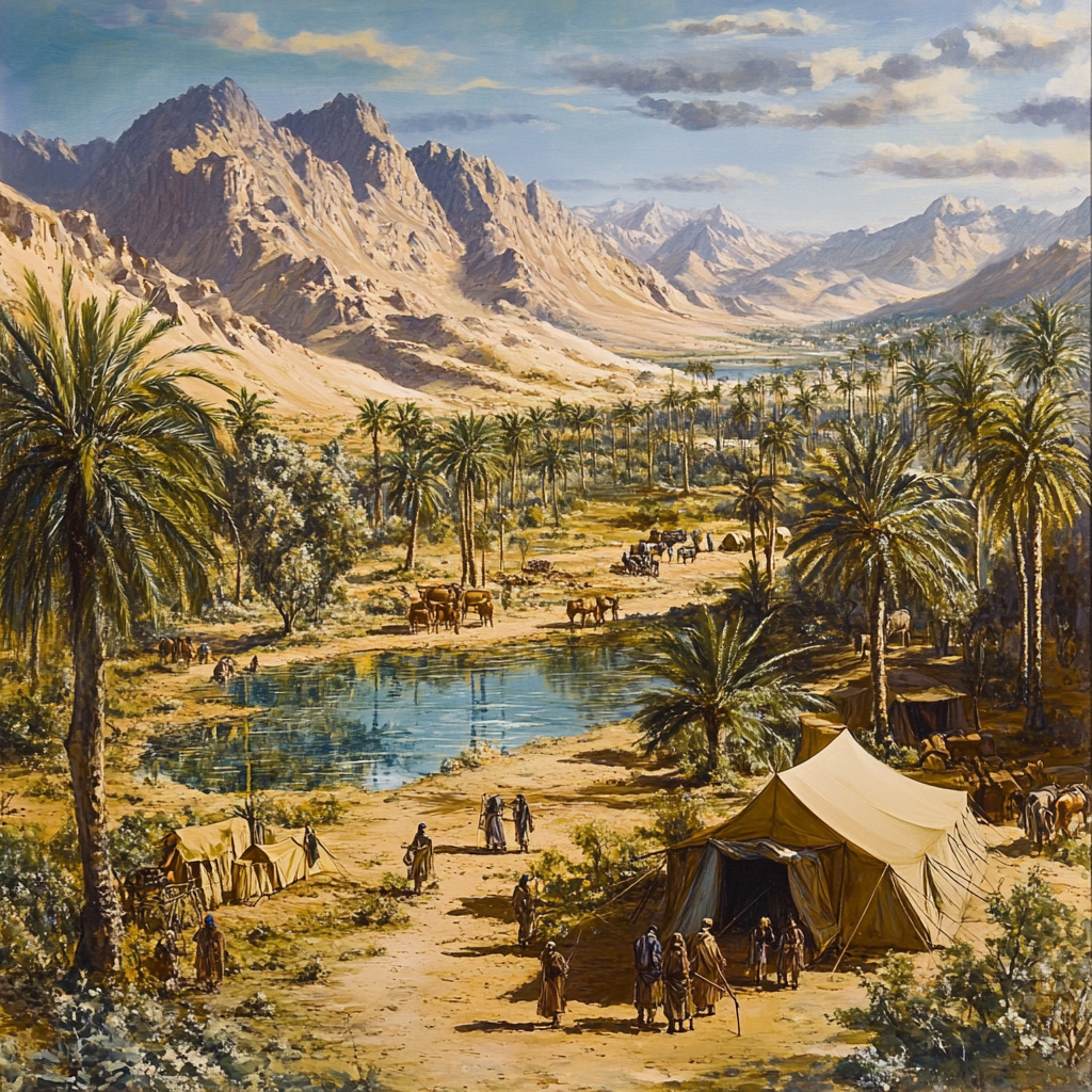 Travelers Arriving at Desert Oasis with Pool and Tents