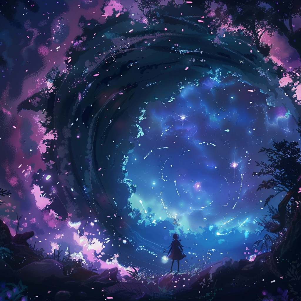 Traveling through glowing opal portal in galaxy wonderland.