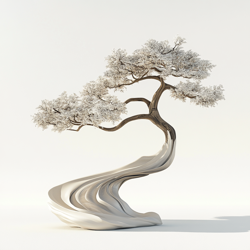 Tree with curved trunk and unusual canopy on white.