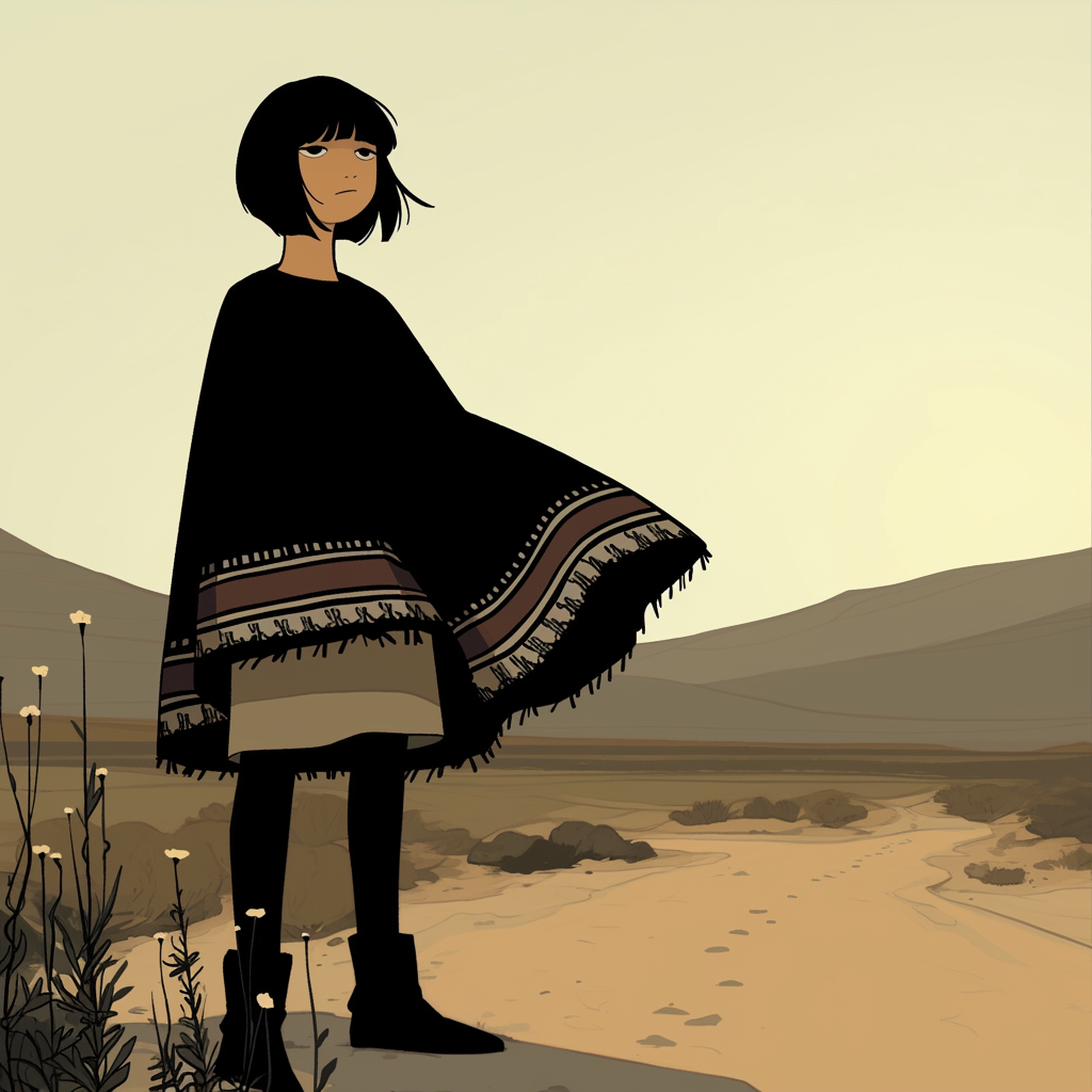 Trekking Mexican woman with bob haircut in desert scenery.