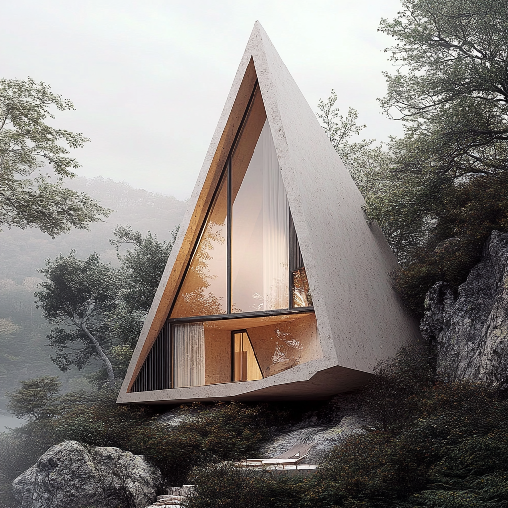 Triangle cabin, angled mountainside with full-length window curtain.