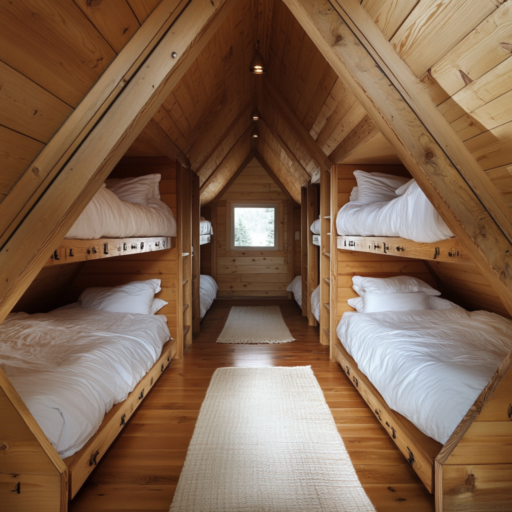 Triangle cabin nestled in mountainside with bunk bedroom view.