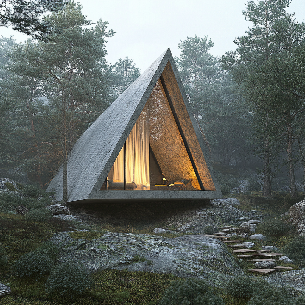 Triangle cabin with window curtain on mountainside.