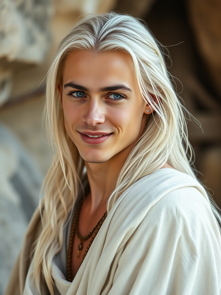 Tribal Man with Platinum Hair in Ethereal Whites