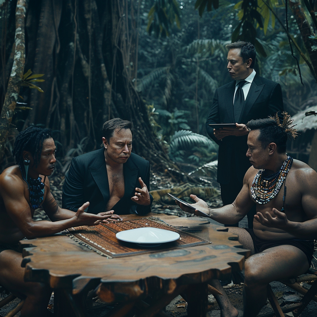 Tribe watching tablet with wifi, Elon Musk in shock.