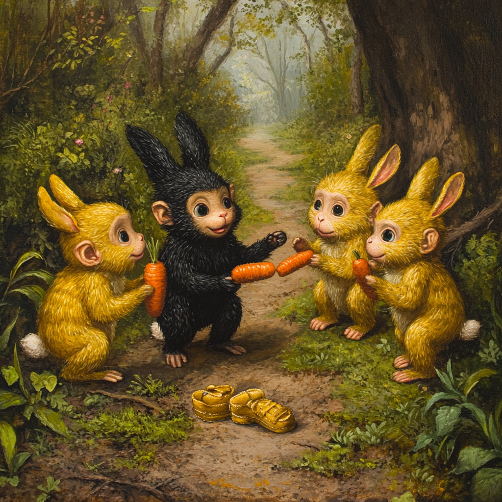 Tricked black Bunny surrounded by mischievous monkeys.