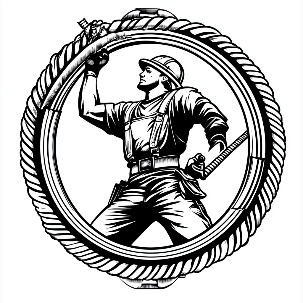 Triumphant ironworker logo with rebar border, black and white.