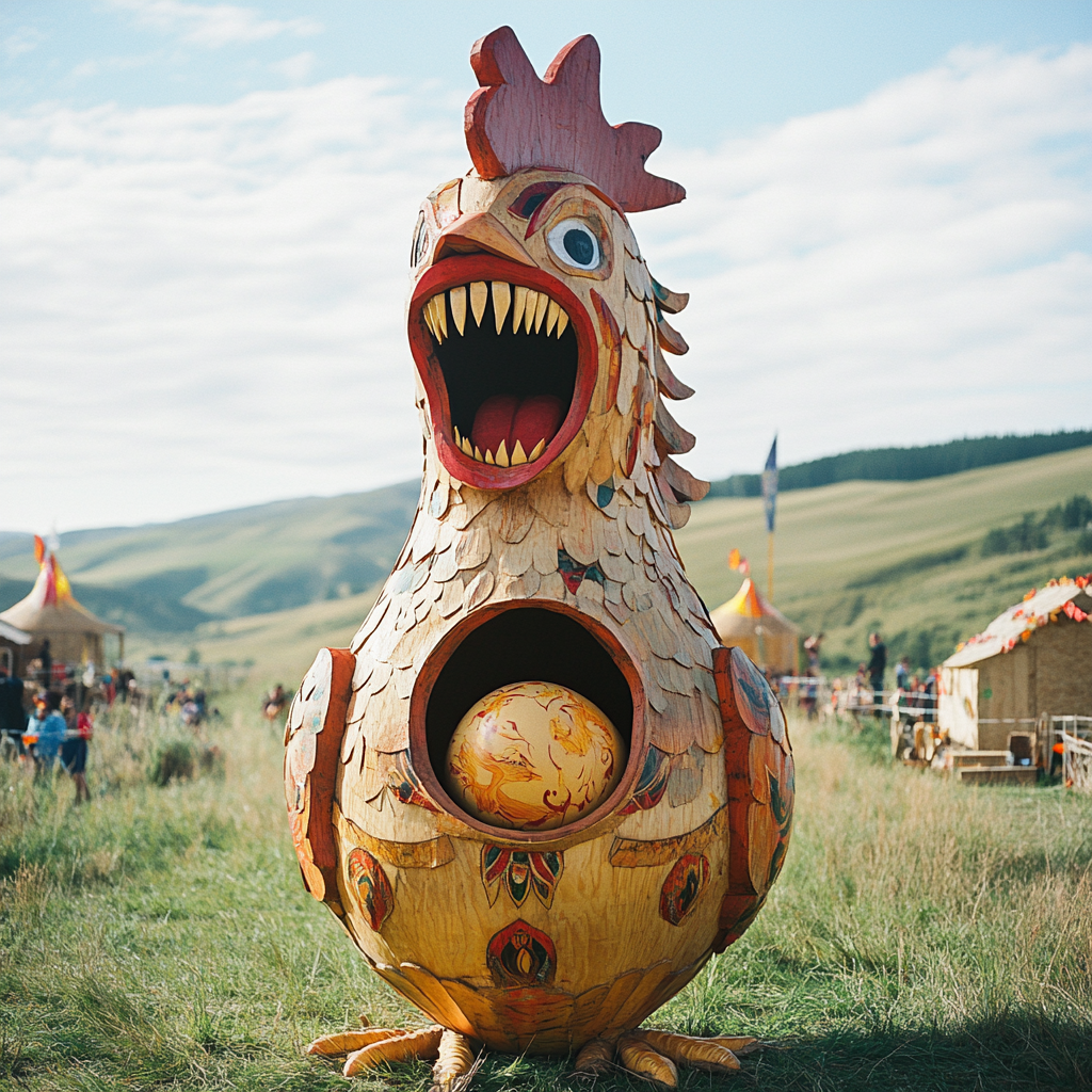 Trojan Wooden Crazy Chicken Decor at Ozora Festival