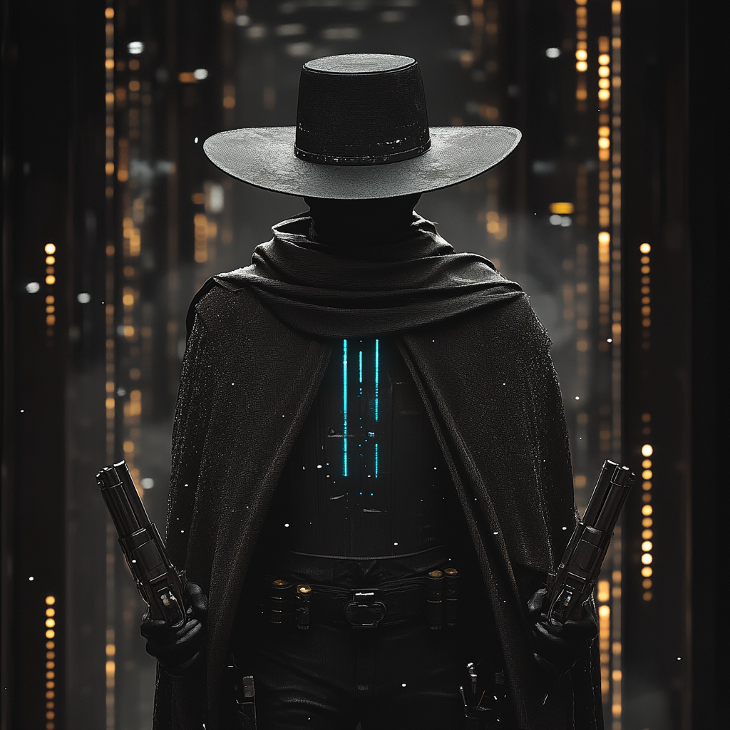 Tron cyberpunk cowboy with hat, poncho, and revolvers.