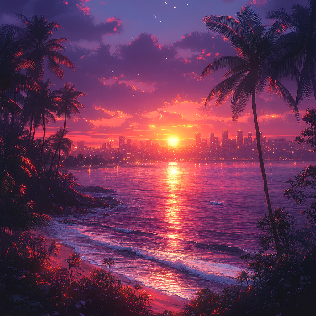 Tropical Beach Sunset with Palm Trees and City Lights