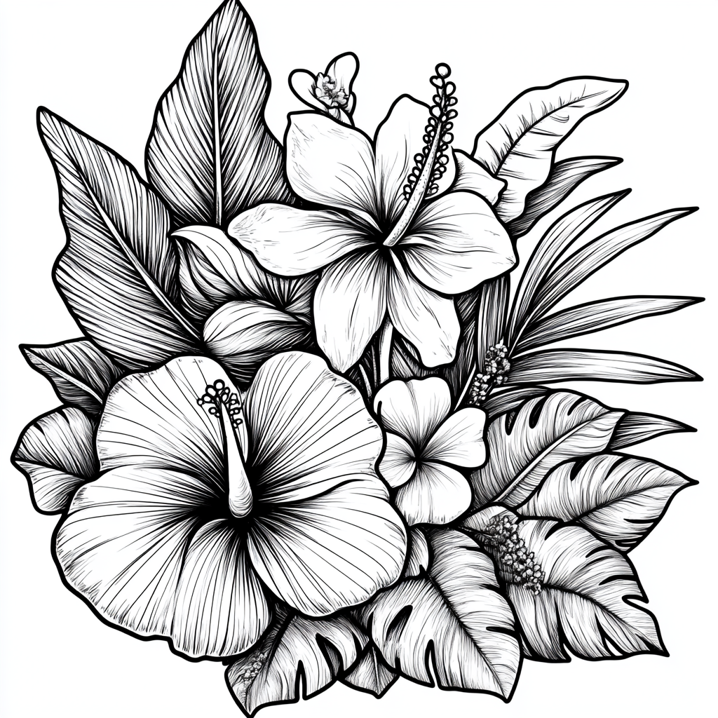 Tropical Black & White Flower and Leaf Scene