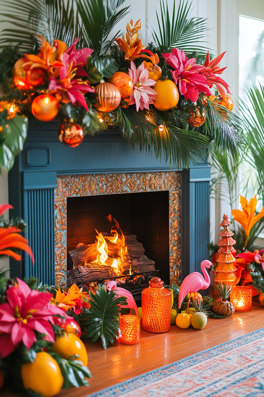 Tropical Christmas Fireplace Bursting with Festive Color