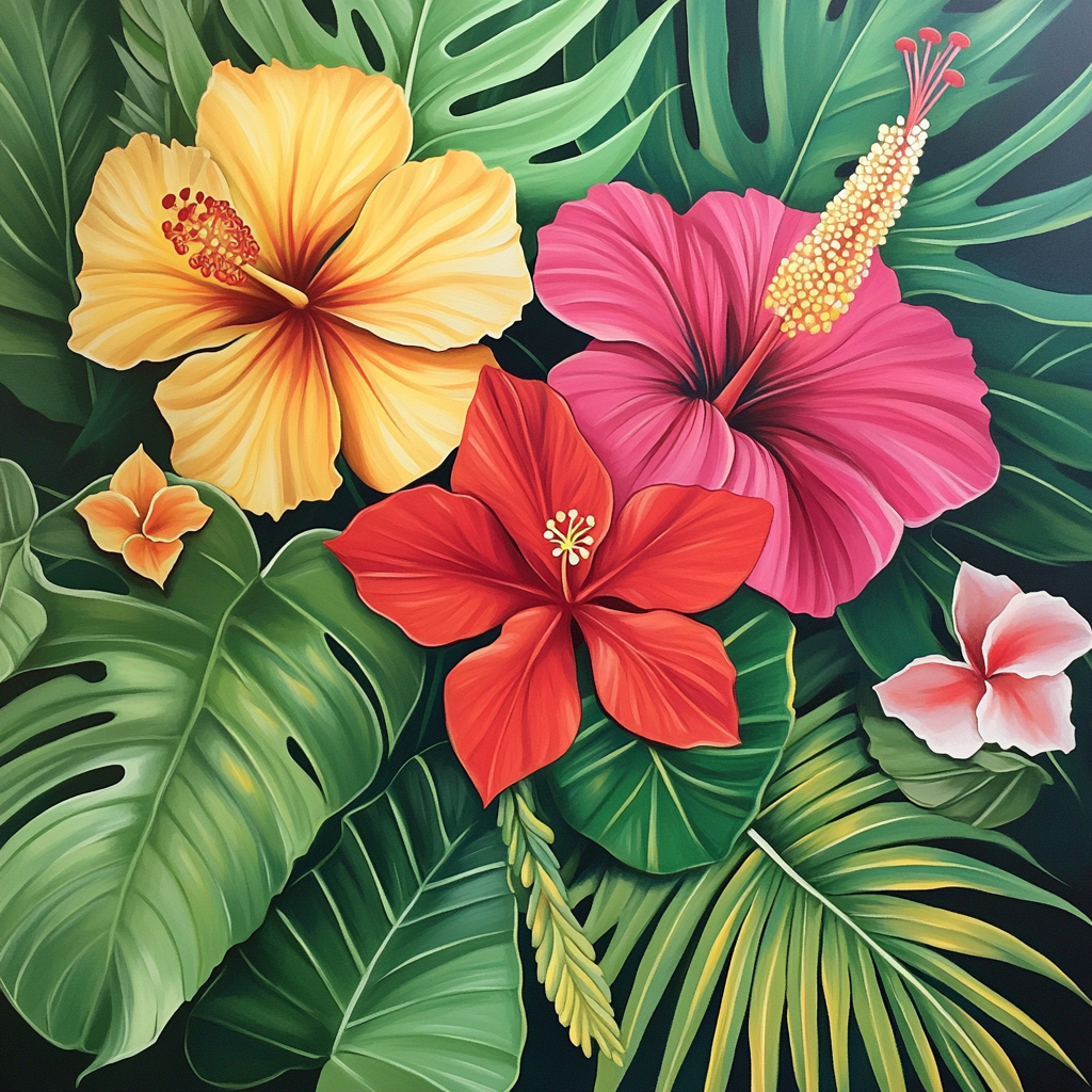 Tropical Island Flower Scene with Bold Blooms