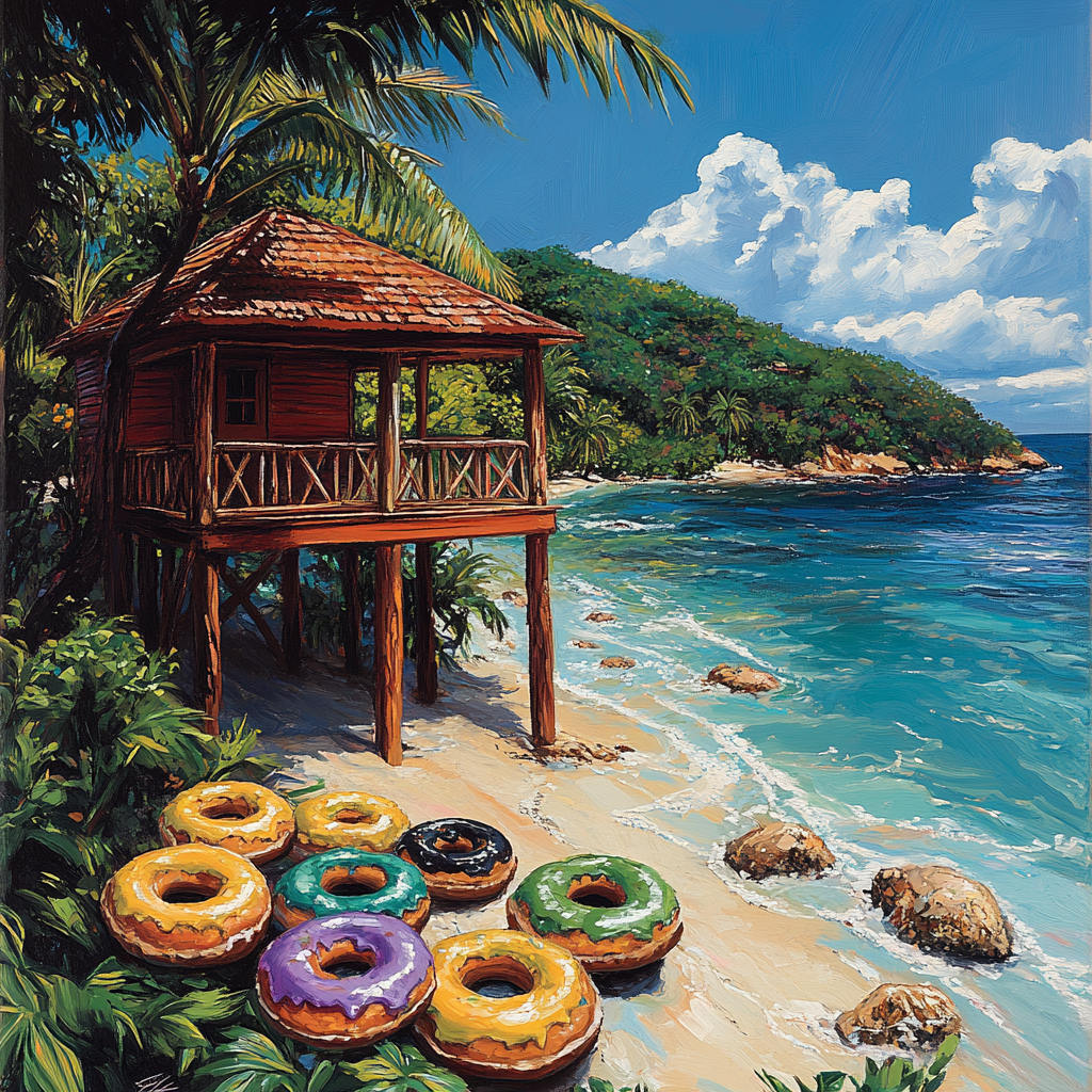 Tropical Jamaica Beach Hut with Colorful Donuts