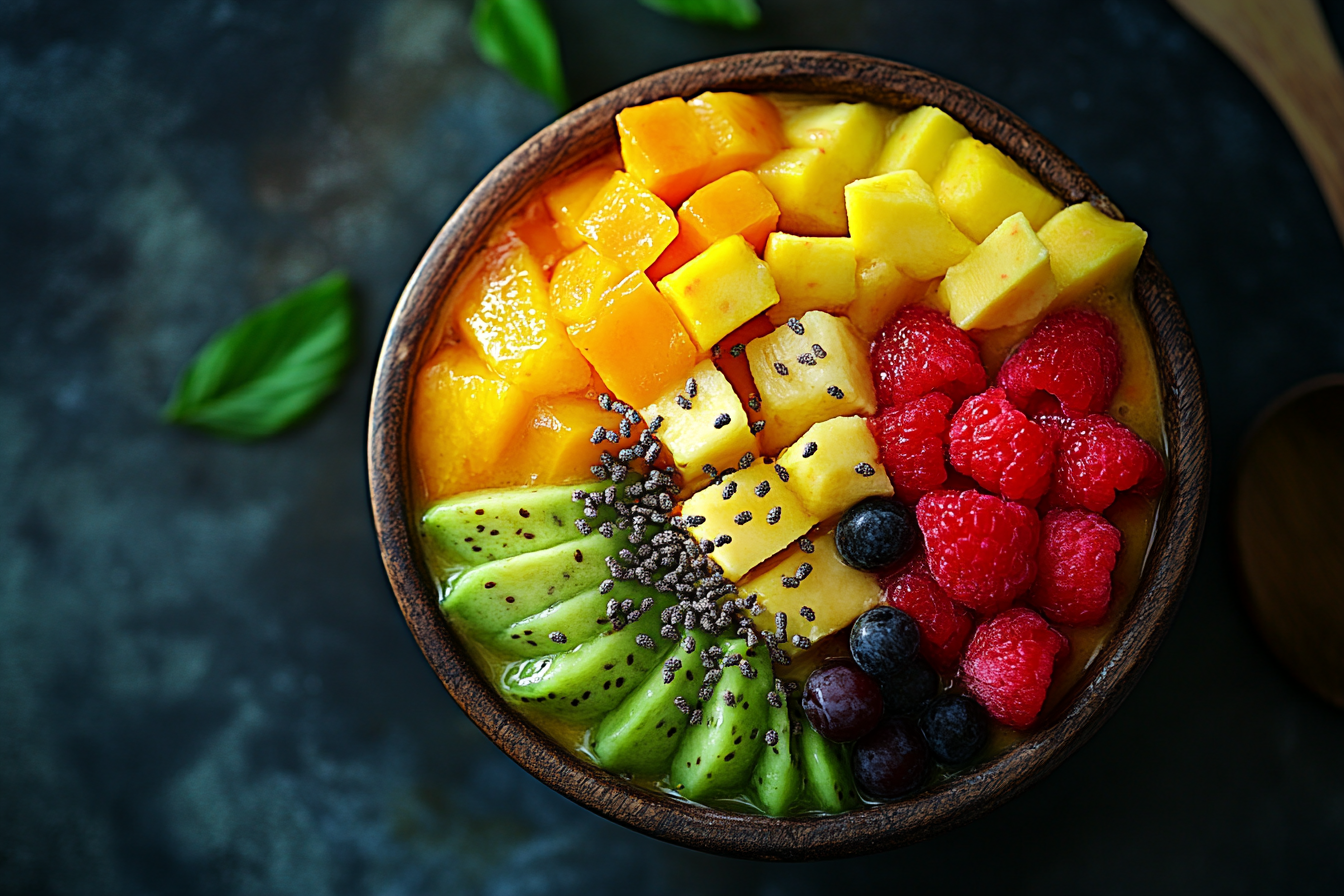 Tropical Smoothie Bowl photography with luxurious lighting.