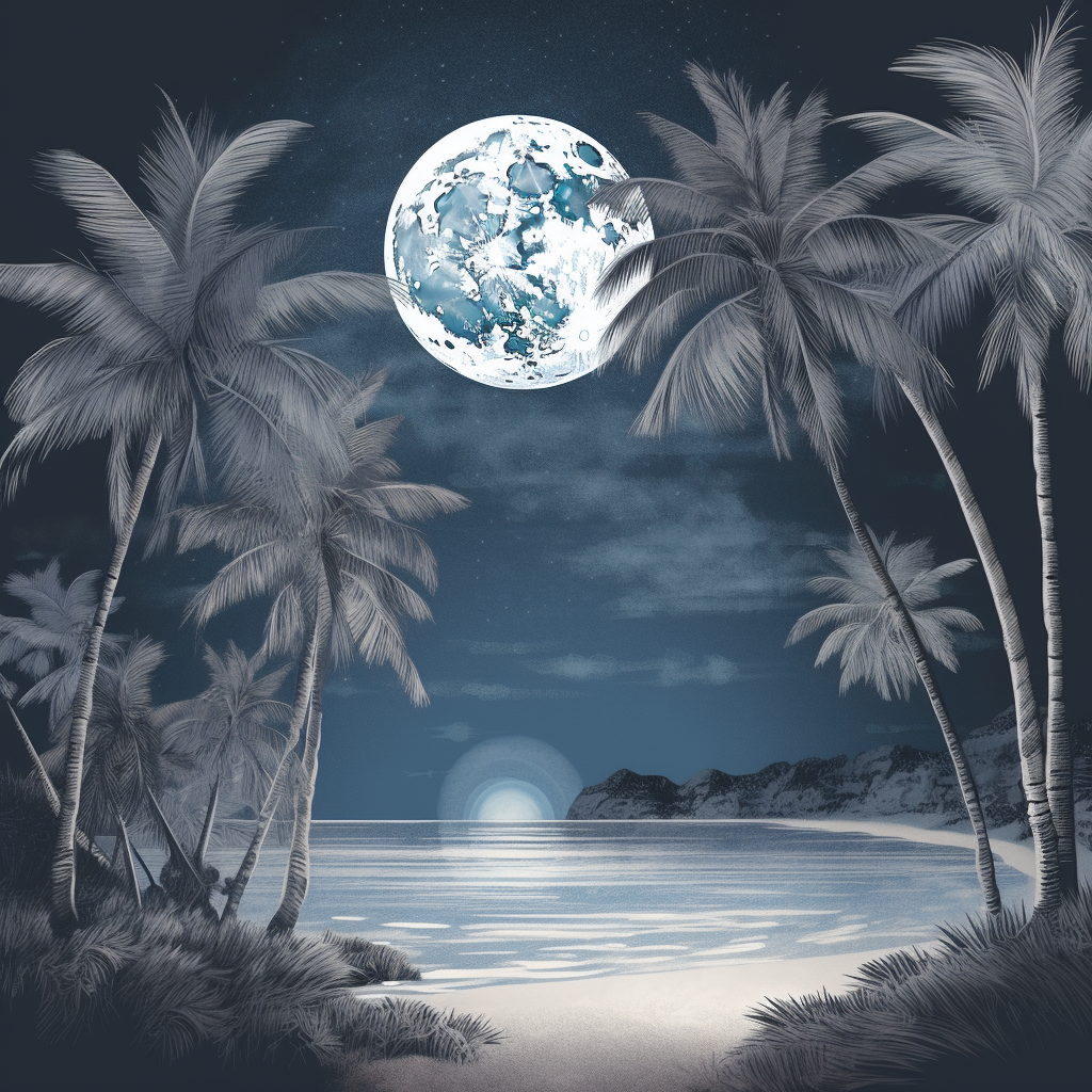 Tropical beach scene with palm trees under full moon.